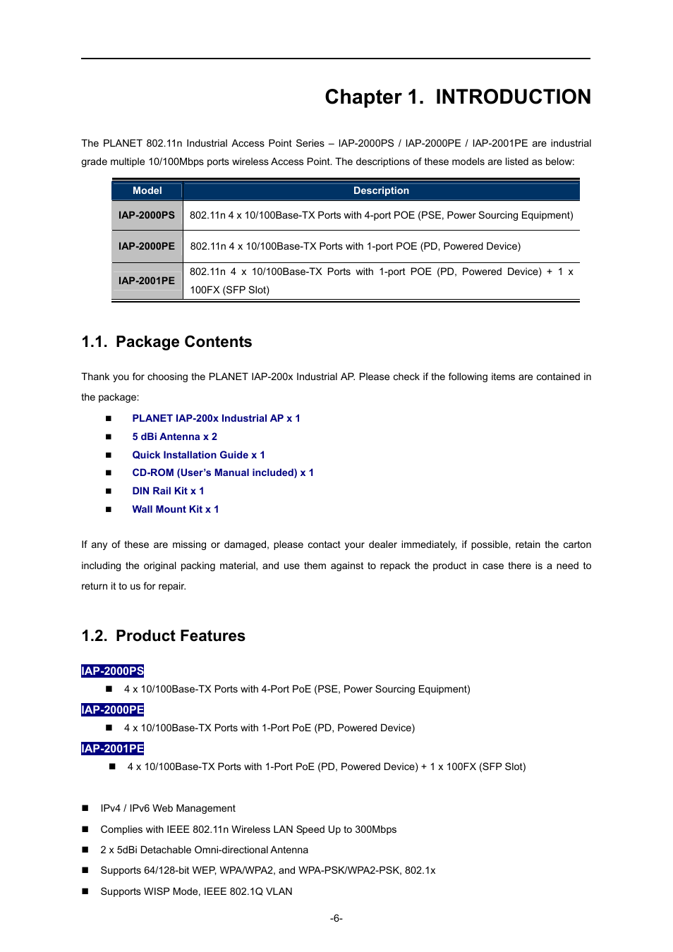 Package contents, Product features, Chapter 1. introduction | PLANET IAP-2000PE User Manual | Page 7 / 82