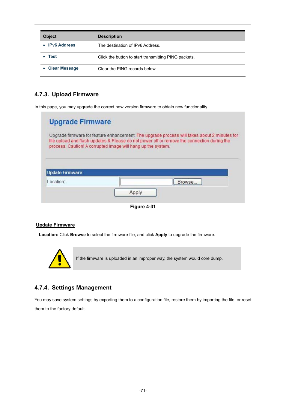 Upload firmware, Settings management | PLANET IAP-2000PE User Manual | Page 72 / 82