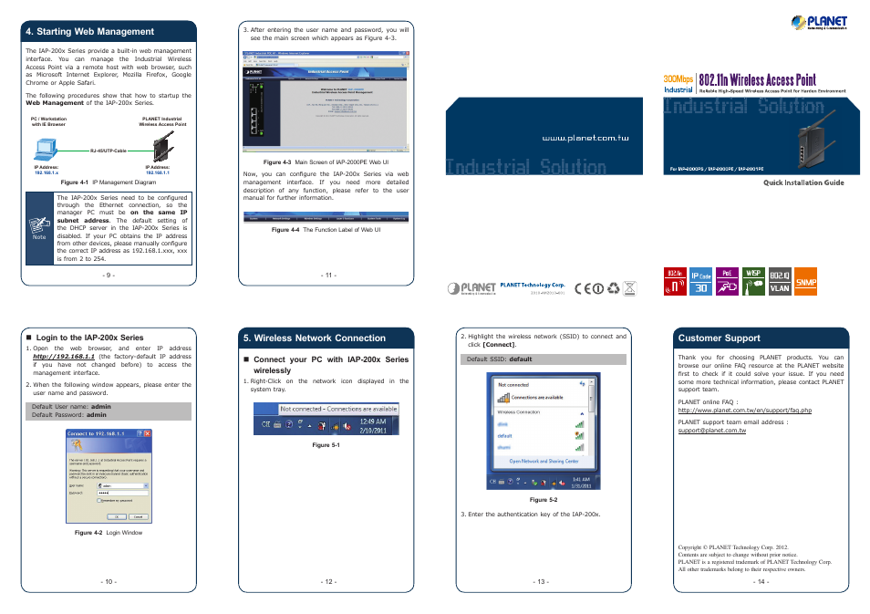 Starting web management, Wireless network connection, Customer support | PLANET IAP-2000PE User Manual | Page 2 / 2