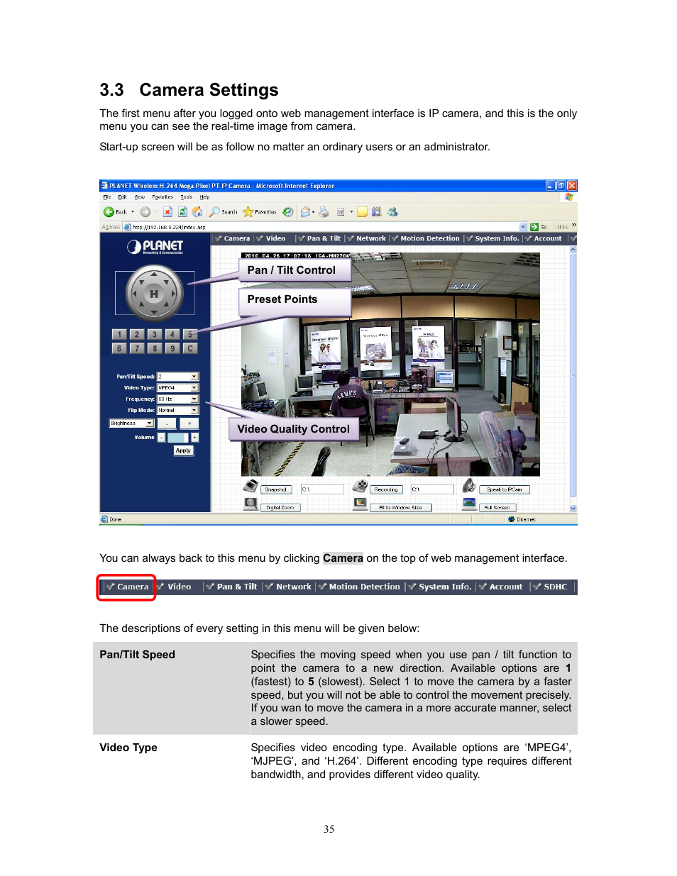 3 camera settings, Camera settings | PLANET ICA-HM220W User Manual | Page 36 / 88