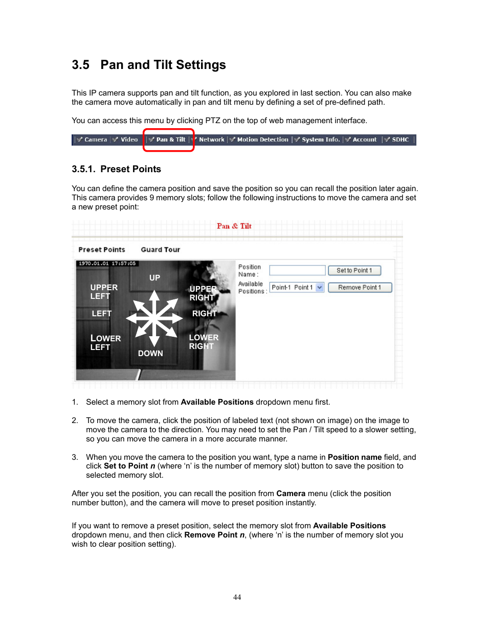 5 pan and tilt settings, Preset points, Pan and tilt settings | PLANET ICA-HM220W User Manual | Page 45 / 88