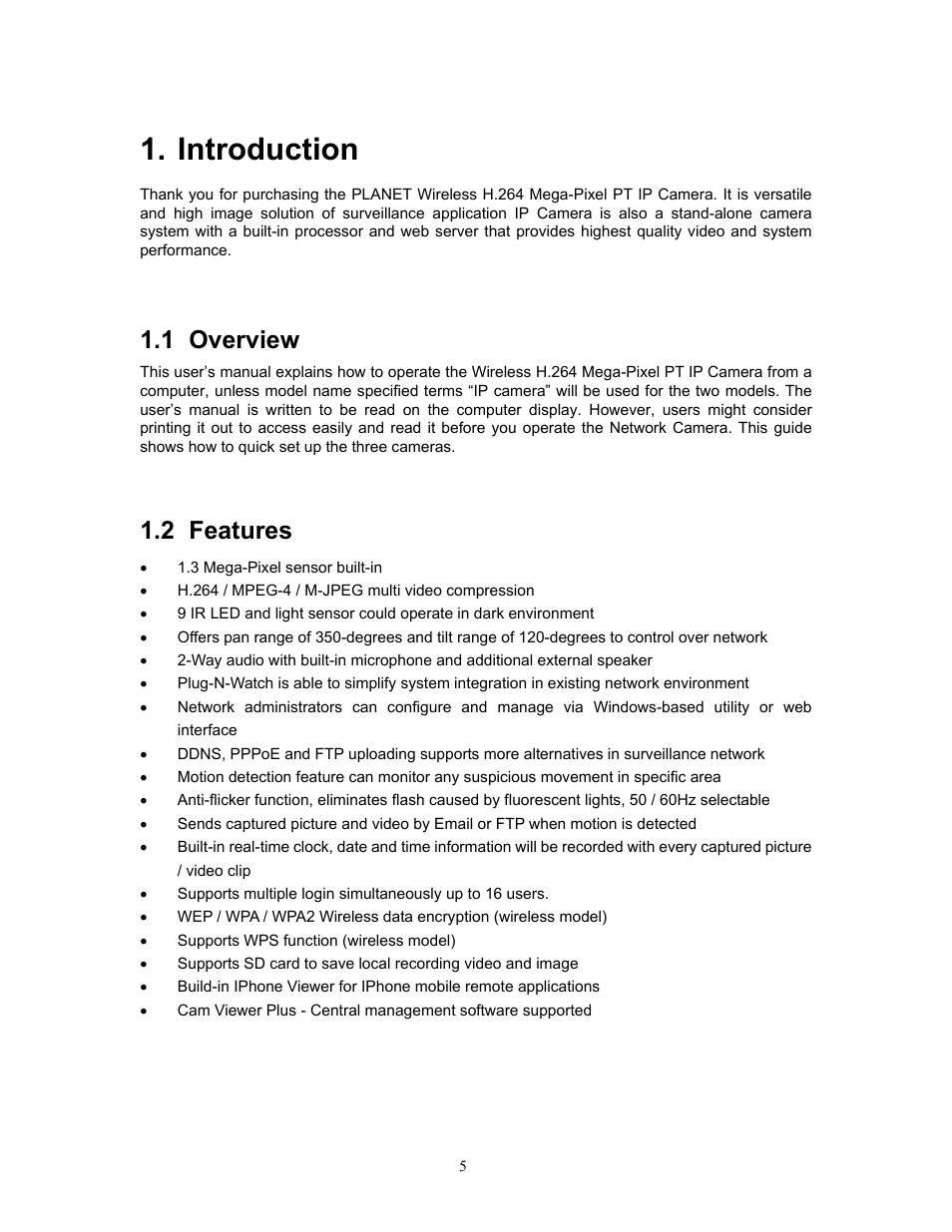 Introduction, 1 overview, 2 features | Overview, Features | PLANET ICA-HM220W User Manual | Page 6 / 88