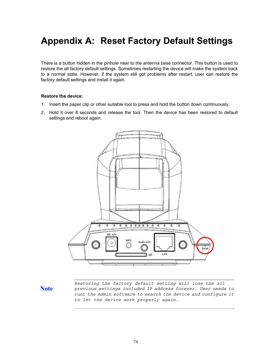 Appendix a: reset factory default settings, Appendix a, Reset factory default settings | PLANET ICA-HM220W User Manual | Page 75 / 88