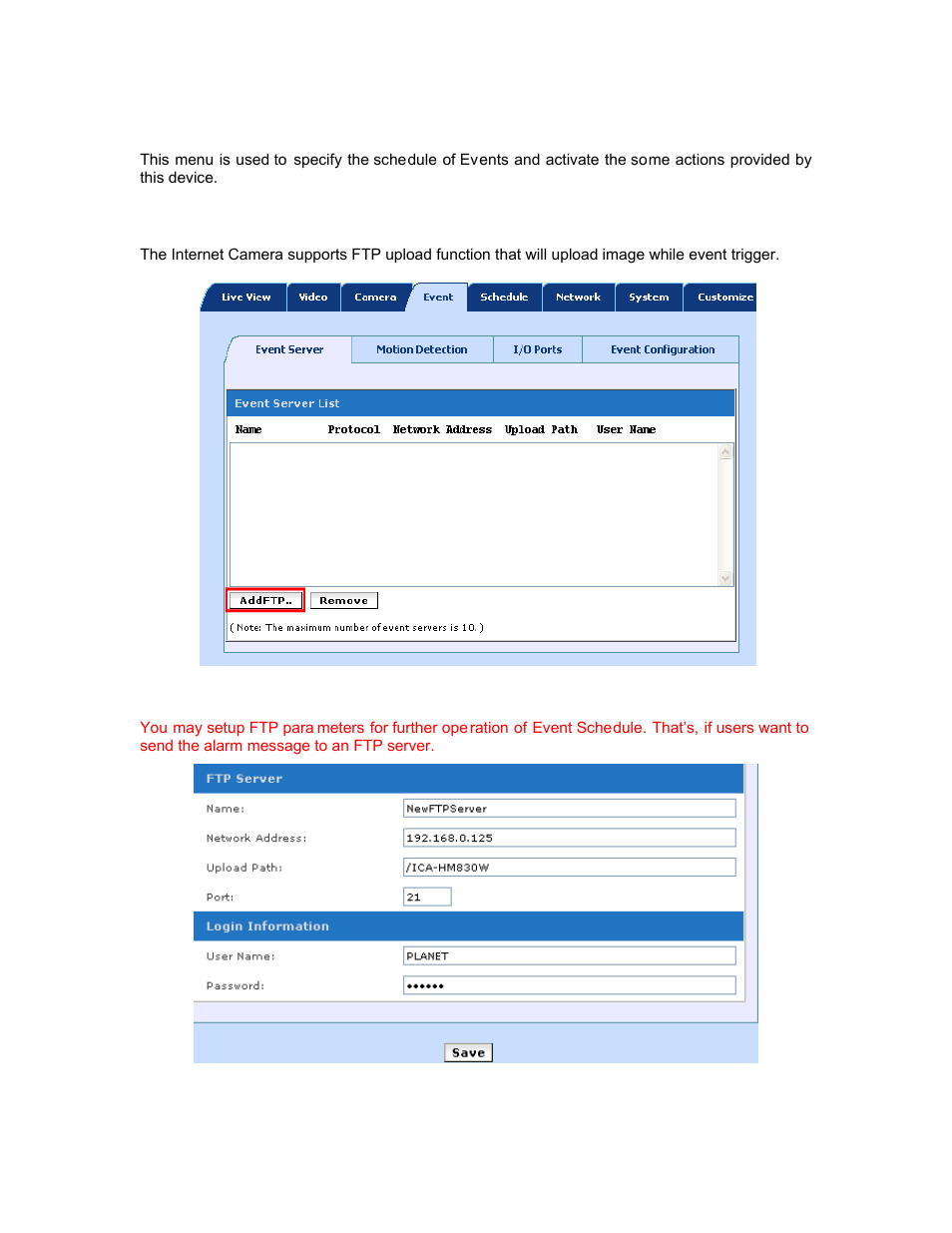 6 event configuration, 1 event server, 1 ftp server | PLANET ICA-HM830W User Manual | Page 39 / 81