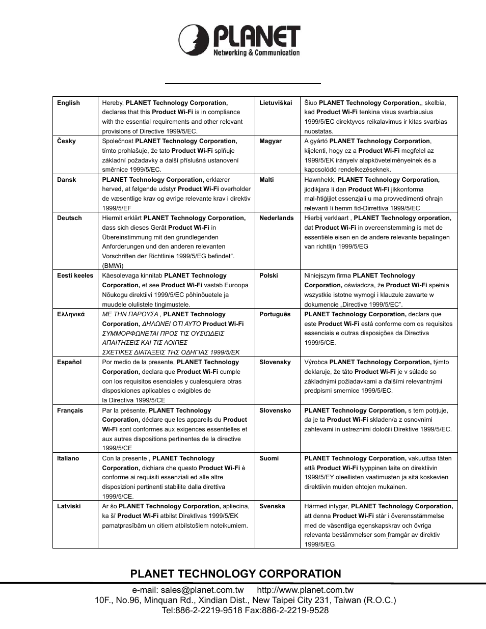 Planet technology corporation, Ec declaration of conformity | PLANET ICA-HM830W User Manual | Page 81 / 81