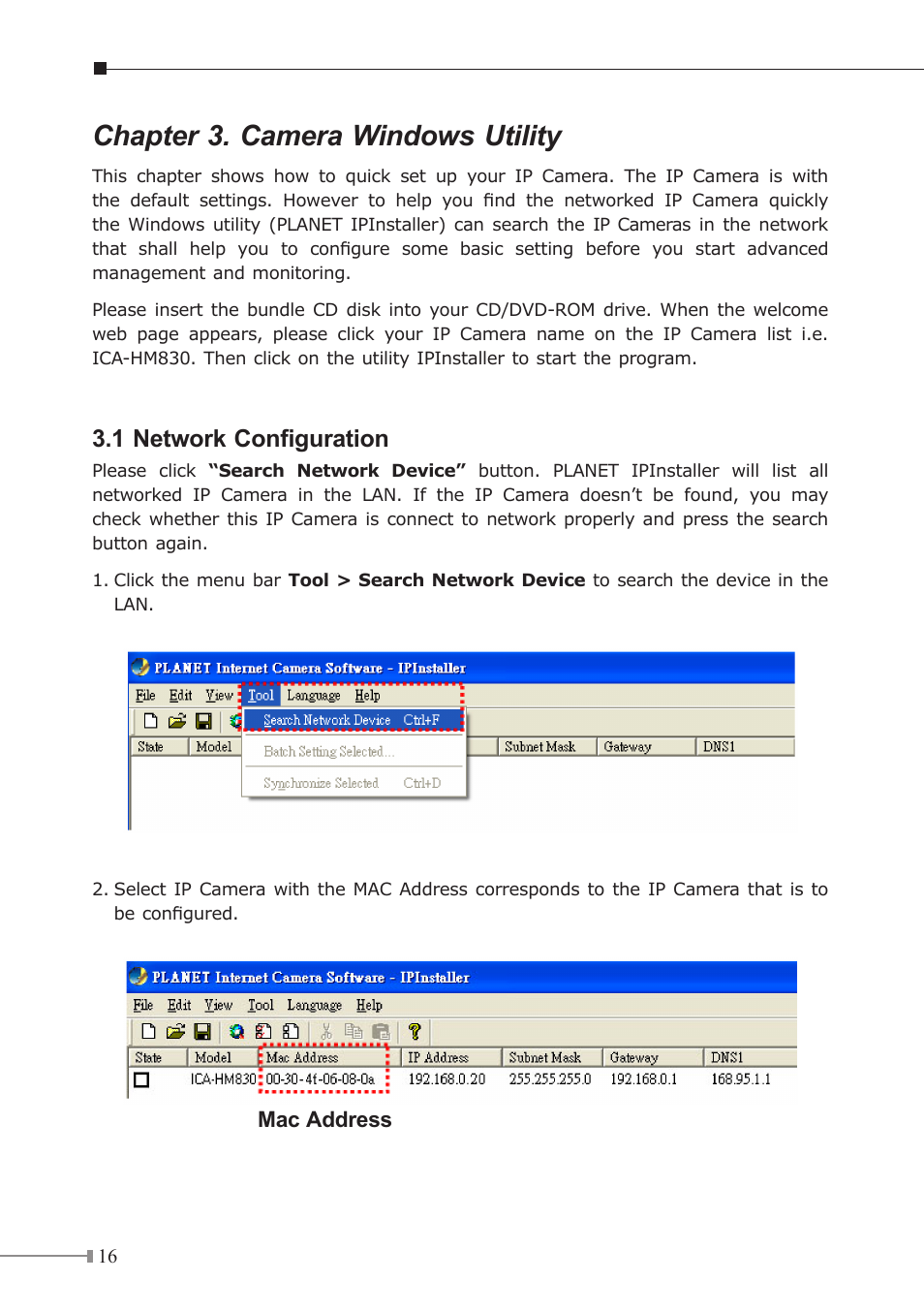 Chapter 3. camera windows utility, 1 network configuration | PLANET ICA-HM830W User Manual | Page 16 / 20