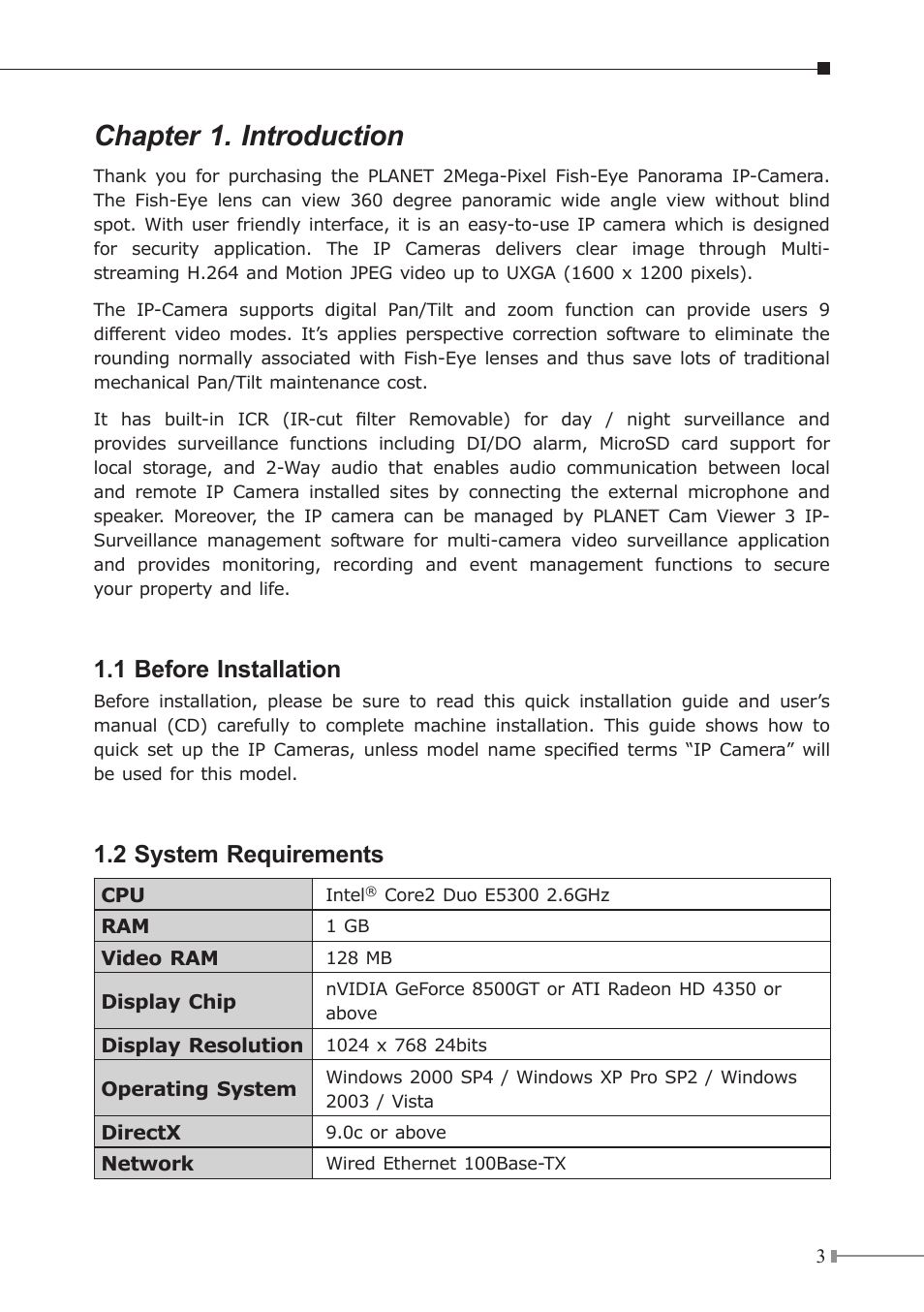 Chapter 1. introduction, 1 before installation, 2 system requirements | PLANET ICA-HM830W User Manual | Page 3 / 20