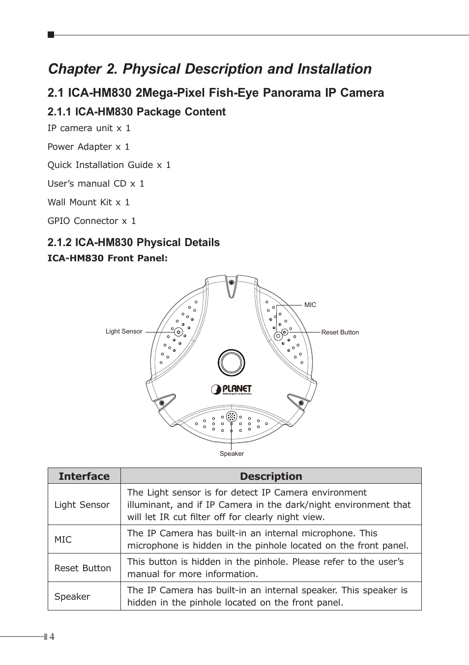 Chapter 2. physical description and installation, 1 ica-hm830 package content, 2 ica-hm830 physical details | PLANET ICA-HM830W User Manual | Page 4 / 20