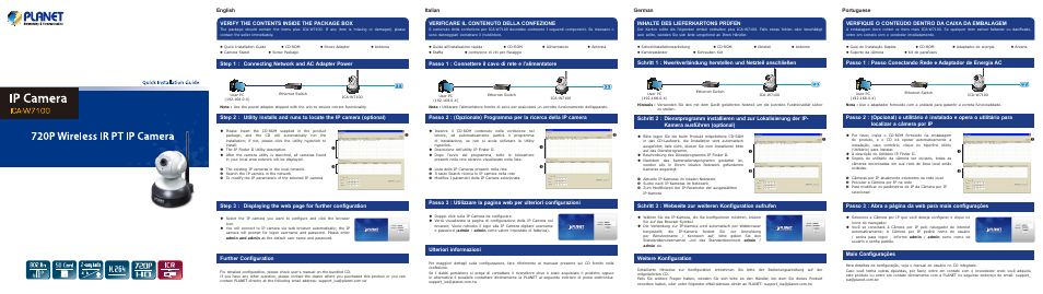 English, Verify the contents inside the package box, Verificare il contenuto della confezione | Inhalte des lieferkartons prüfen, Verifique o conteúdo dentro da caixa da embalagem, Step 1 : connecting network and ac adapter power, Further configuration, Ulteriori informazioni, Weitere konfiguration, Mais configurações | PLANET ICA-W7100 User Manual | Page 2 / 10