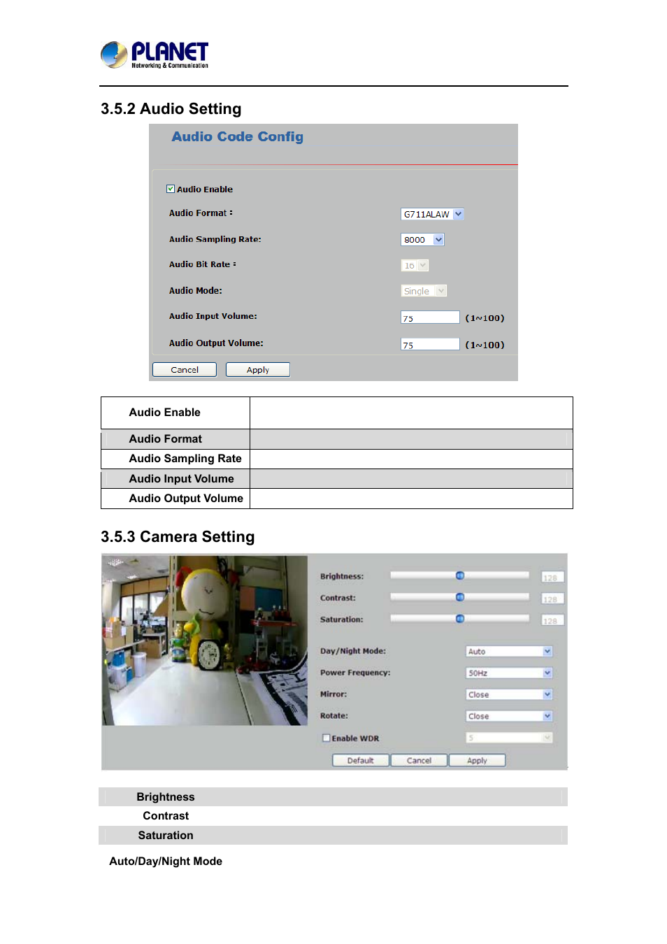 2 audio setting, 3 camera setting, 2 audio setting 3.5.3 camera setting | PLANET ICA-W7100 User Manual | Page 34 / 61