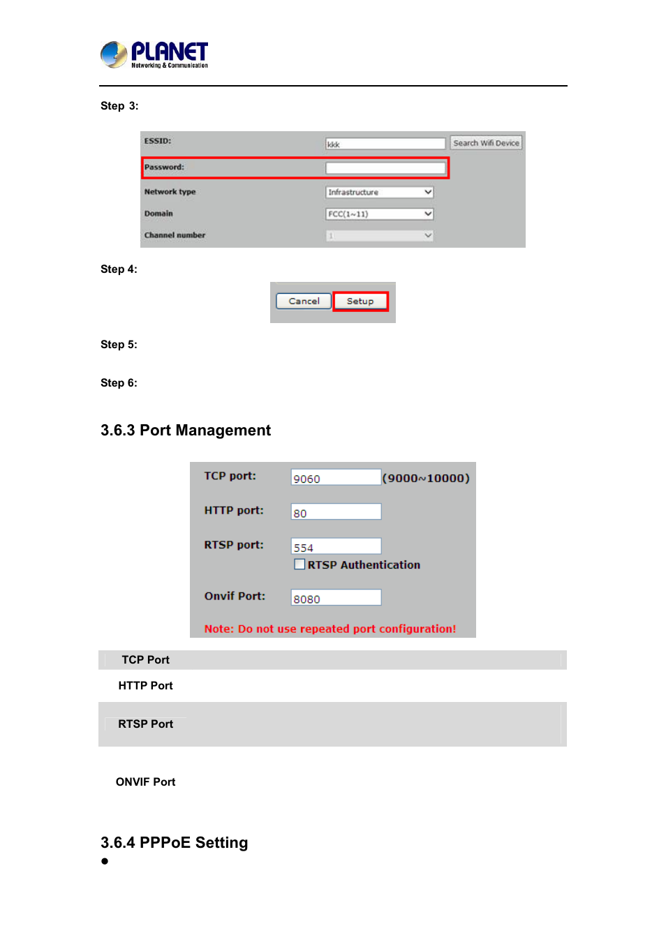 3 port management, 4 pppoe setting, 3 port management 3.6.4 pppoe setting | PLANET ICA-W7100 User Manual | Page 40 / 61