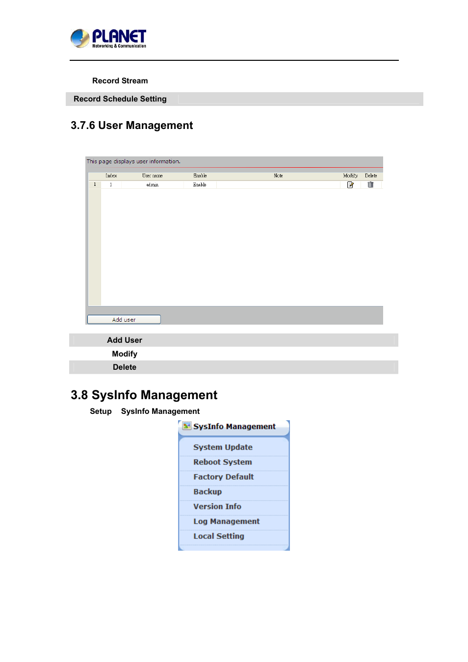 6 user management, 8 sysinfo management | PLANET ICA-W7100 User Manual | Page 48 / 61