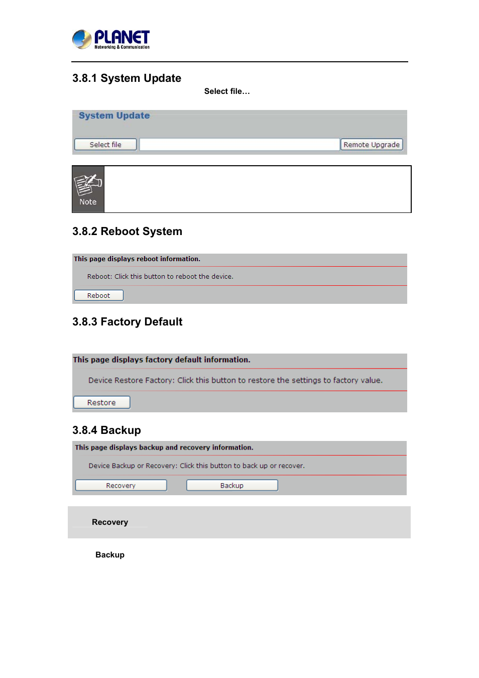 1 system update, 2 reboot system, 3 factory default | 4 backup | PLANET ICA-W7100 User Manual | Page 49 / 61