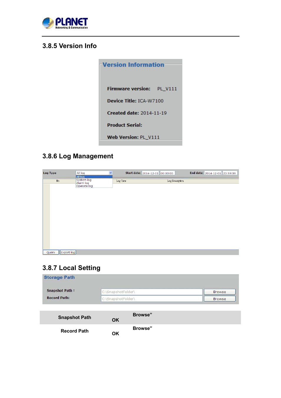 5 version info, 6 log management, 7 local setting | PLANET ICA-W7100 User Manual | Page 50 / 61