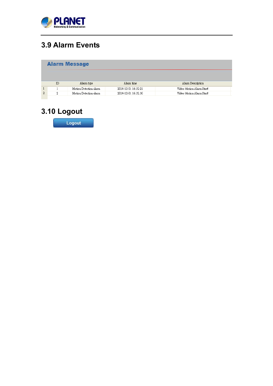 9 alarm events, 10 logout, 9 alarm events 3.10 logout | PLANET ICA-W7100 User Manual | Page 51 / 61