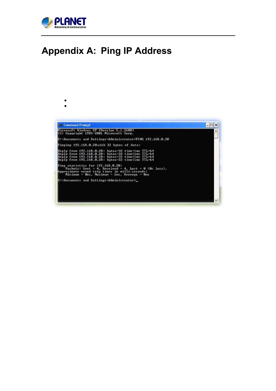 Appendix a: ping ip address | PLANET ICA-W7100 User Manual | Page 52 / 61