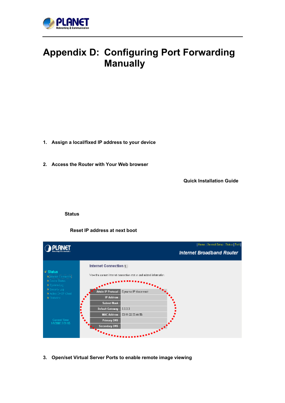 Appendix d: configuring port forwarding manually | PLANET ICA-W7100 User Manual | Page 55 / 61