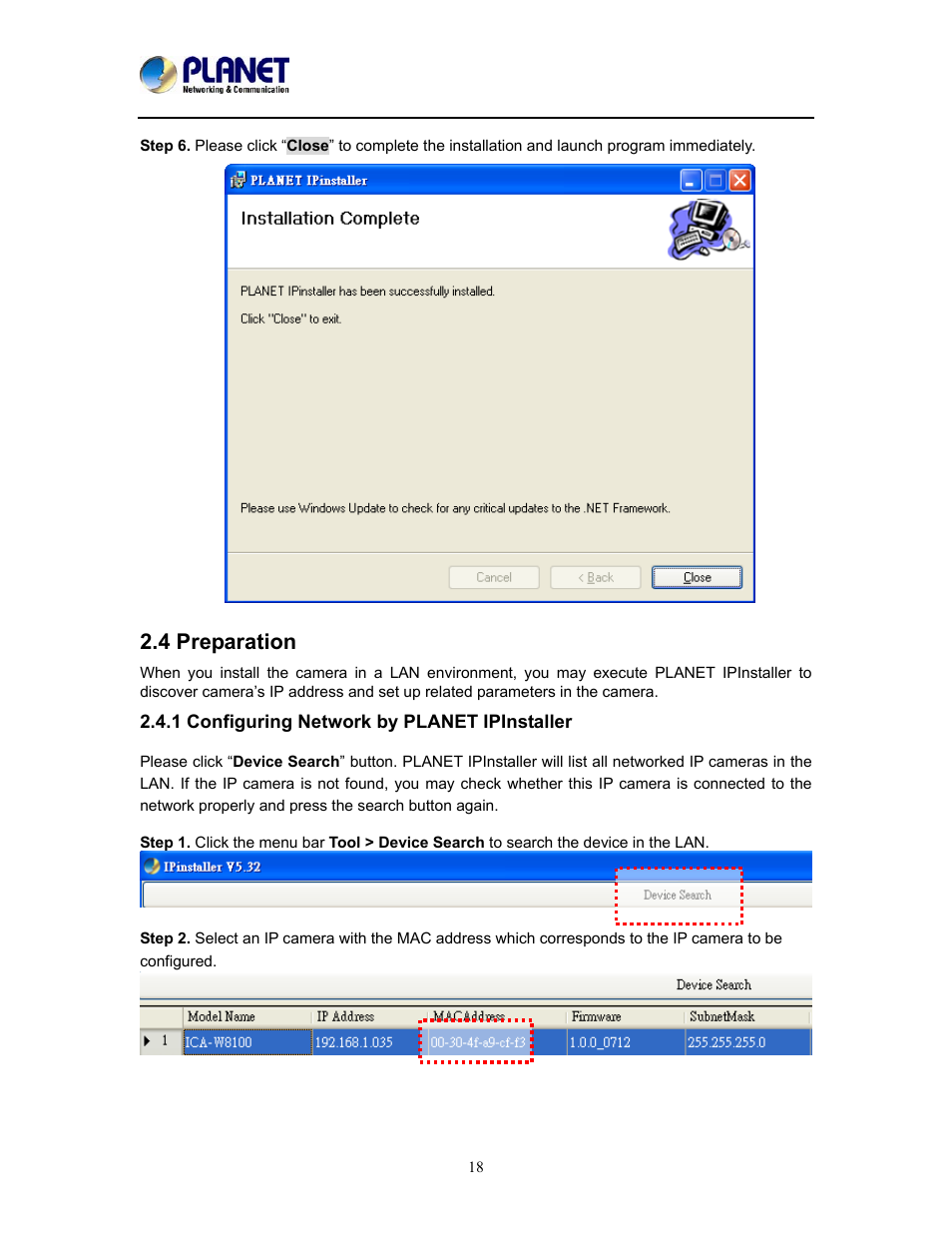 4 preparation, 1 configuring network by planet ipinstaller | PLANET ICA-W8100 User Manual | Page 18 / 76