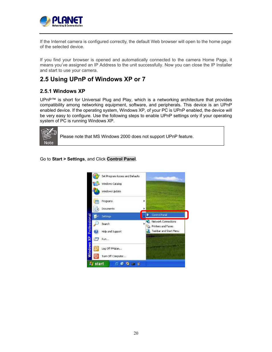 5 using upnp of windows xp or 7, 1 windows xp | PLANET ICA-W8100 User Manual | Page 20 / 76