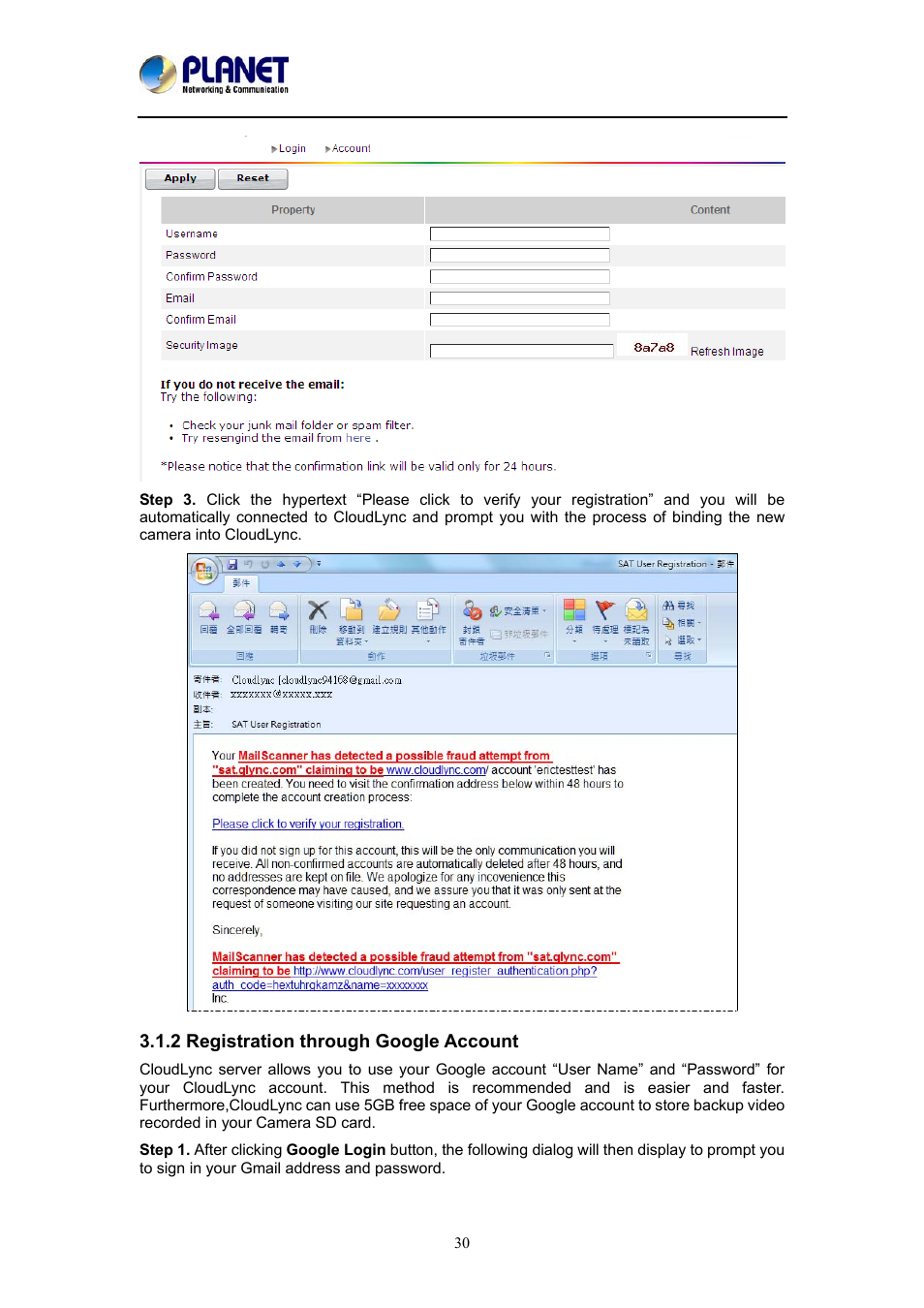 2 registration through google account | PLANET ICA-W8100 User Manual | Page 30 / 76