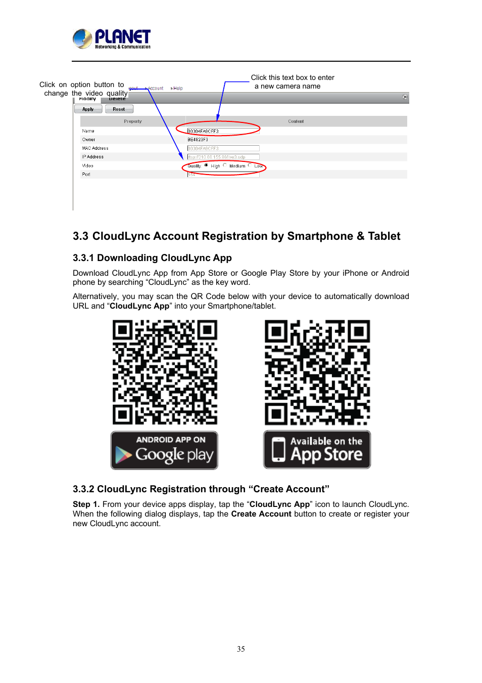 1 downloading cloudlync app, 2 cloudlync registration through “create account | PLANET ICA-W8100 User Manual | Page 35 / 76