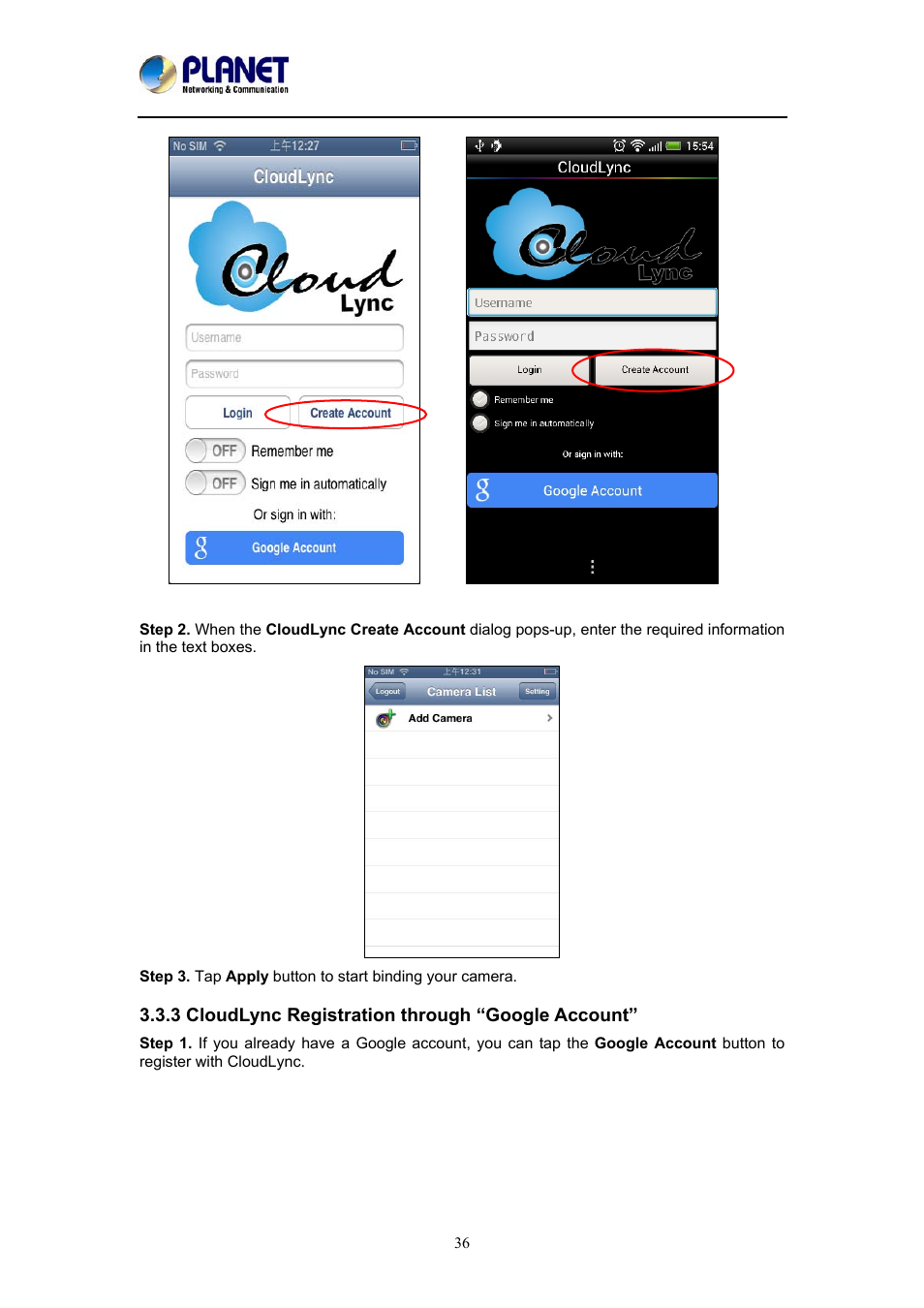 3 cloudlync registration through “google account | PLANET ICA-W8100 User Manual | Page 36 / 76