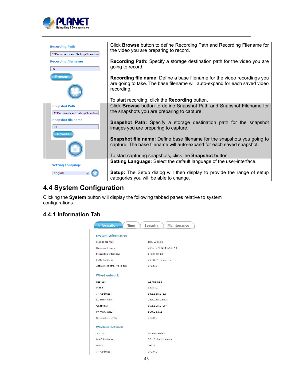 4 system configuration, 1 information tab | PLANET ICA-W8100 User Manual | Page 43 / 76