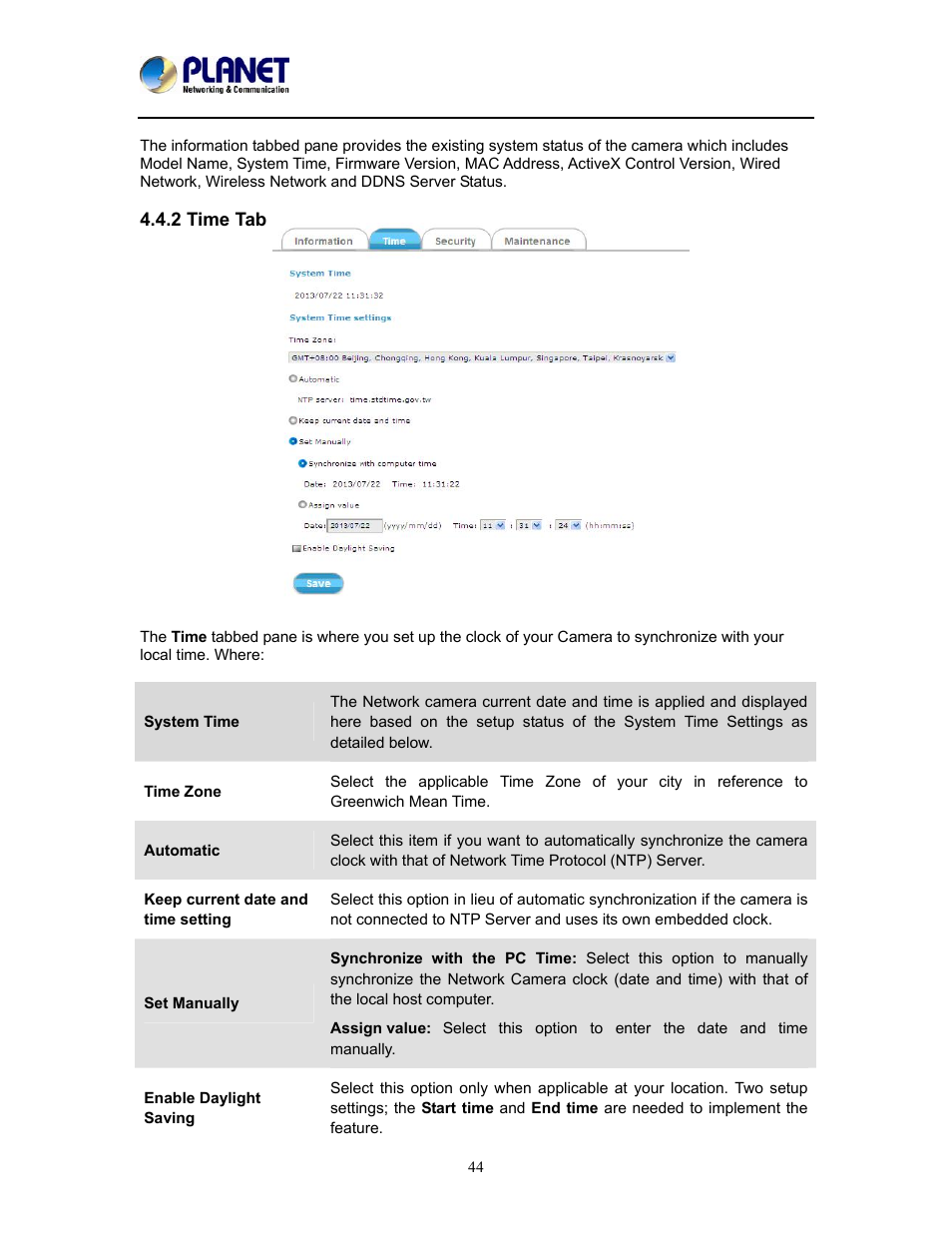 2 time tab | PLANET ICA-W8100 User Manual | Page 44 / 76