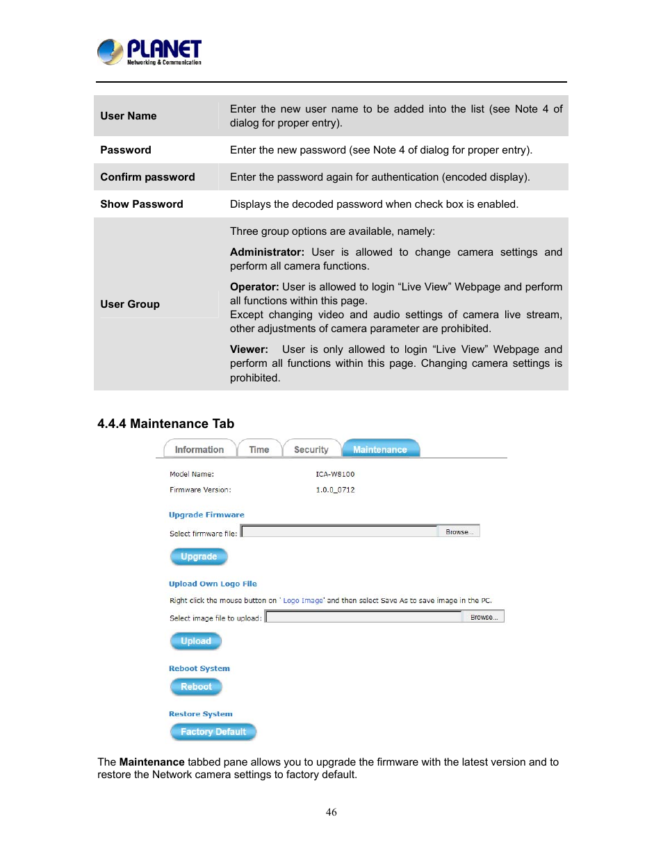 4 maintenance tab | PLANET ICA-W8100 User Manual | Page 46 / 76