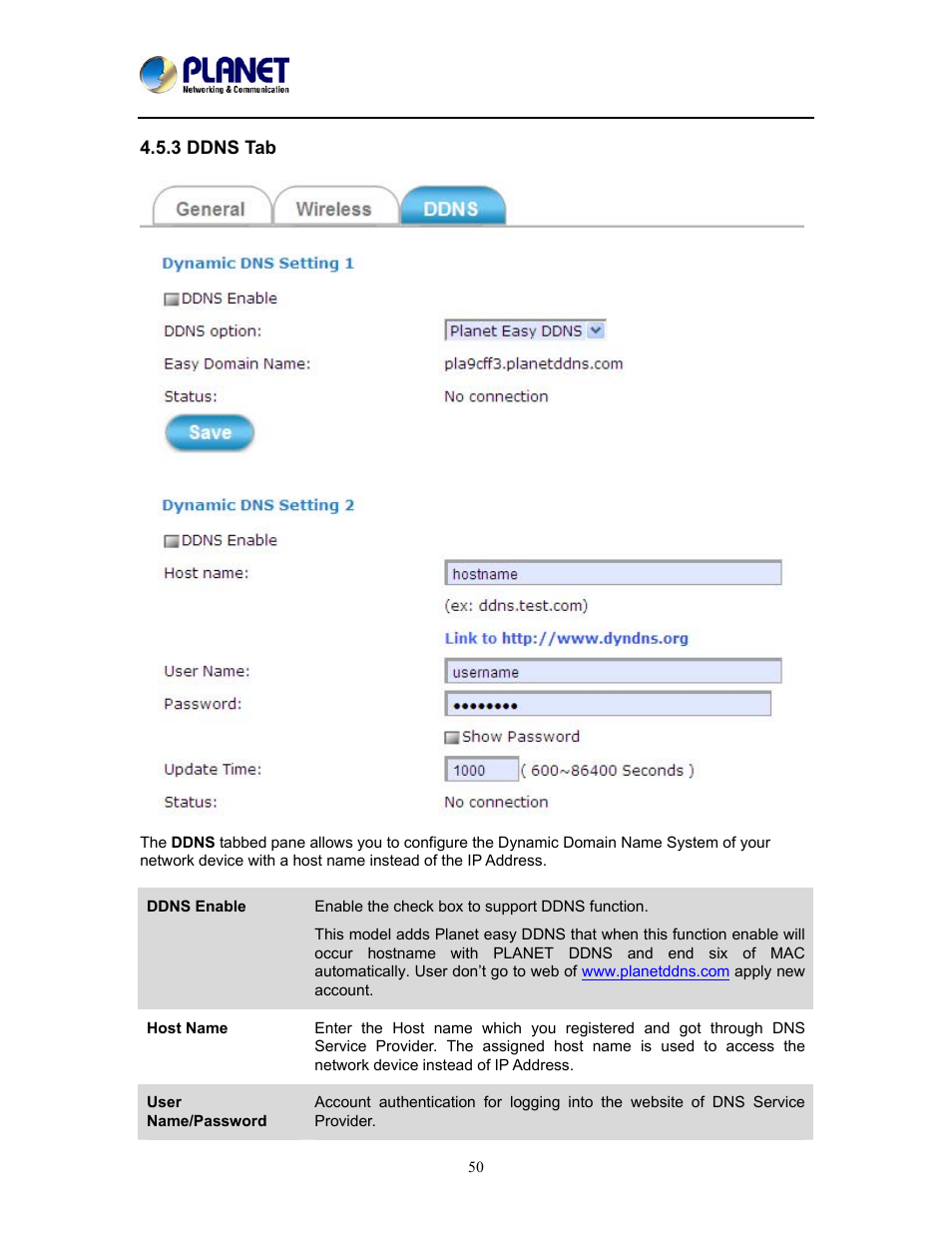 3 ddns tab | PLANET ICA-W8100 User Manual | Page 50 / 76