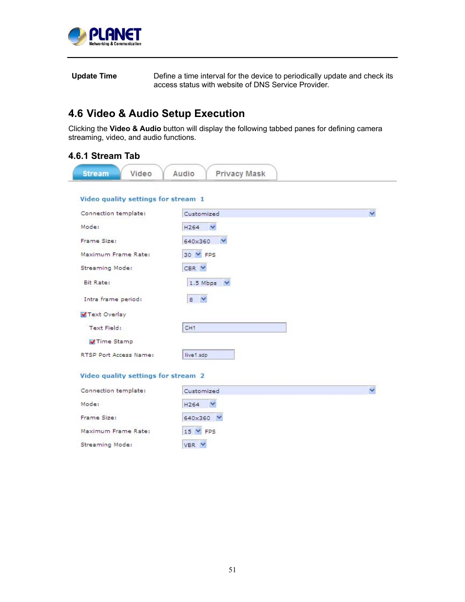 6 video & audio setup execution, 1 stream tab, Video & audio setup execution | PLANET ICA-W8100 User Manual | Page 51 / 76