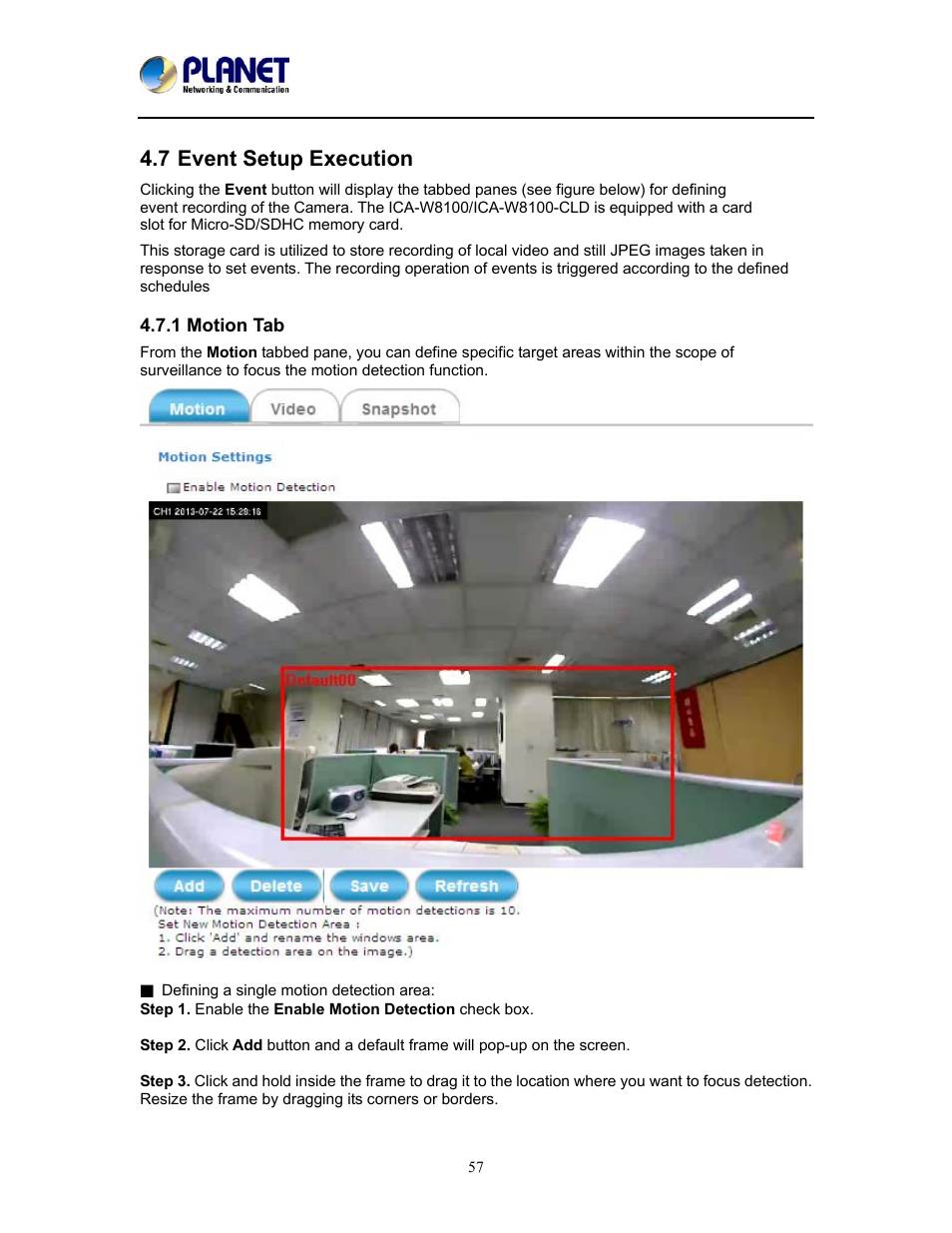 7 event setup execution, 1 motion tab, Event setup execution | PLANET ICA-W8100 User Manual | Page 57 / 76