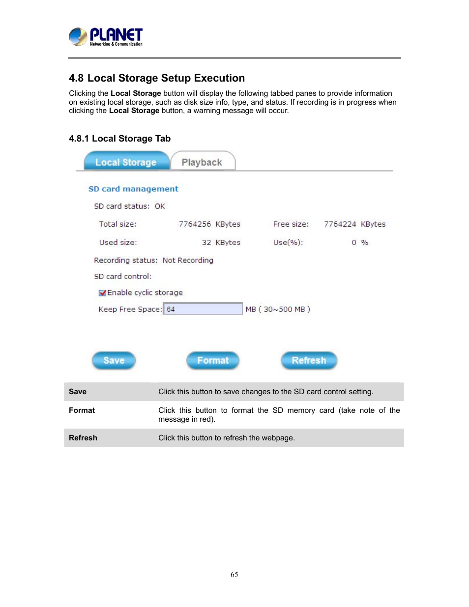 8 local storage setup execution, 1 local storage tab, Local storage setup execution | PLANET ICA-W8100 User Manual | Page 65 / 76