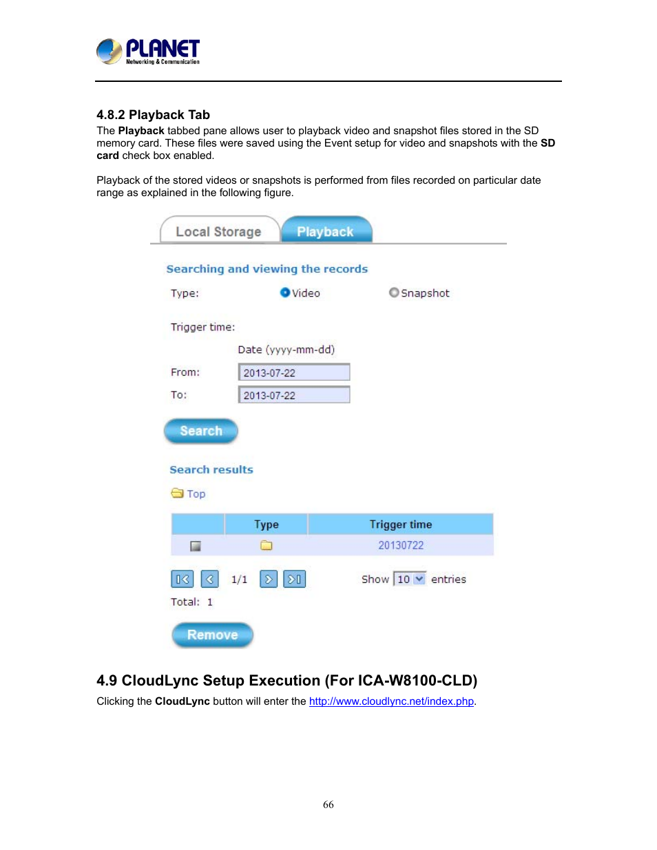 2 playback tab, 9 cloudlync setup execution (for ica-w8100-cld) | PLANET ICA-W8100 User Manual | Page 66 / 76