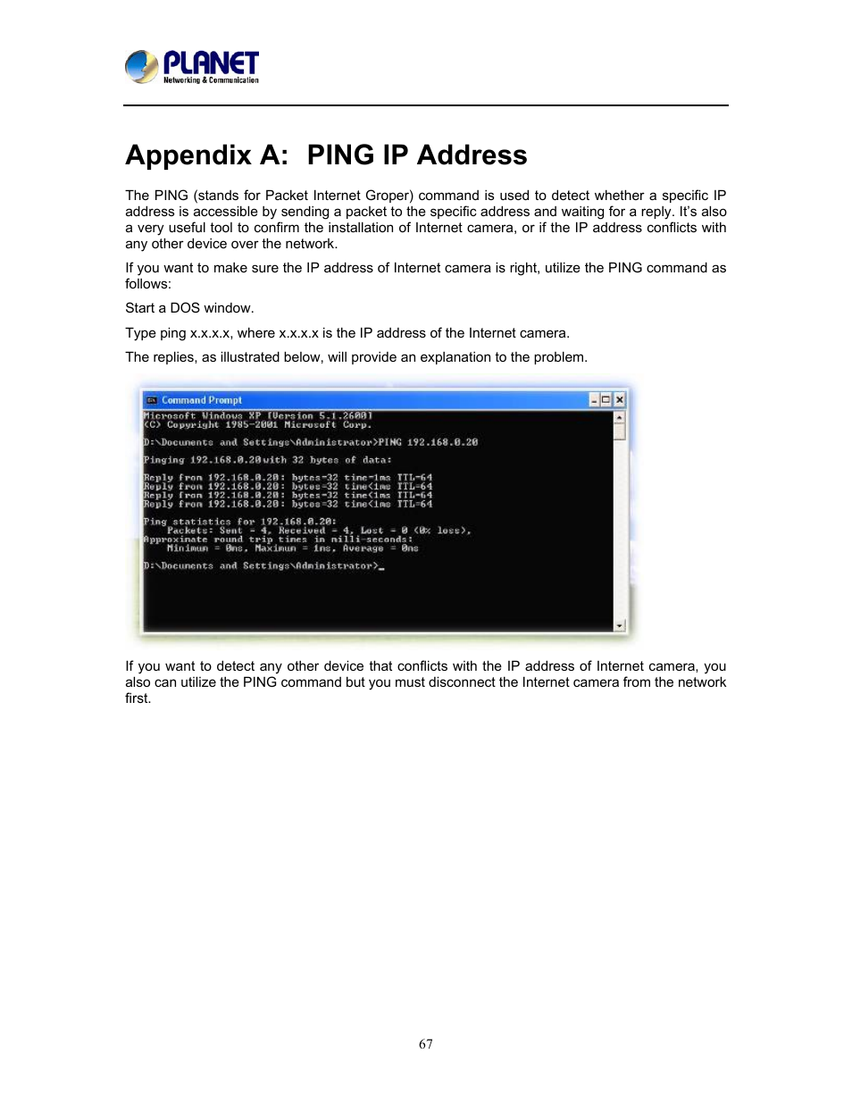 Appendix a: ping ip address, Appendix a, Ping ip address | PLANET ICA-W8100 User Manual | Page 67 / 76