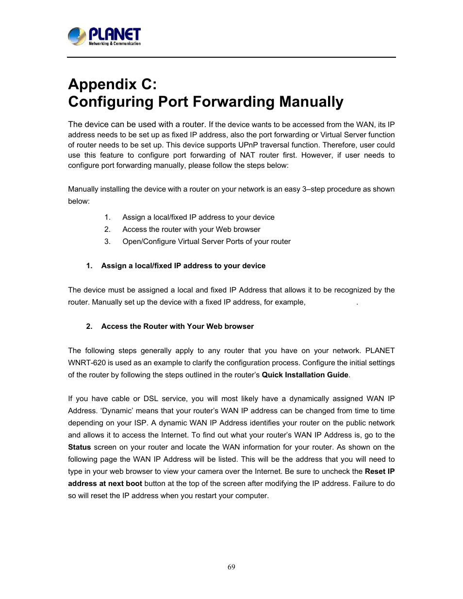 Appendix c: configuring port forwarding manually, Appendix c, Configure port forwarding manually | PLANET ICA-W8100 User Manual | Page 69 / 76