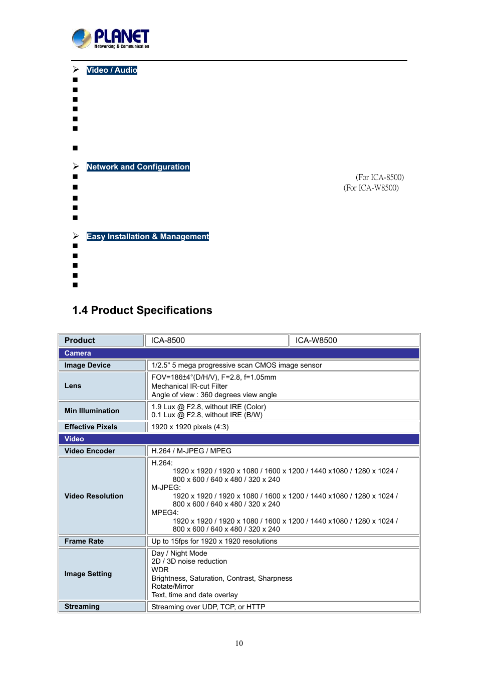 4 product specifications | PLANET ICA-W8500 User Manual | Page 10 / 69