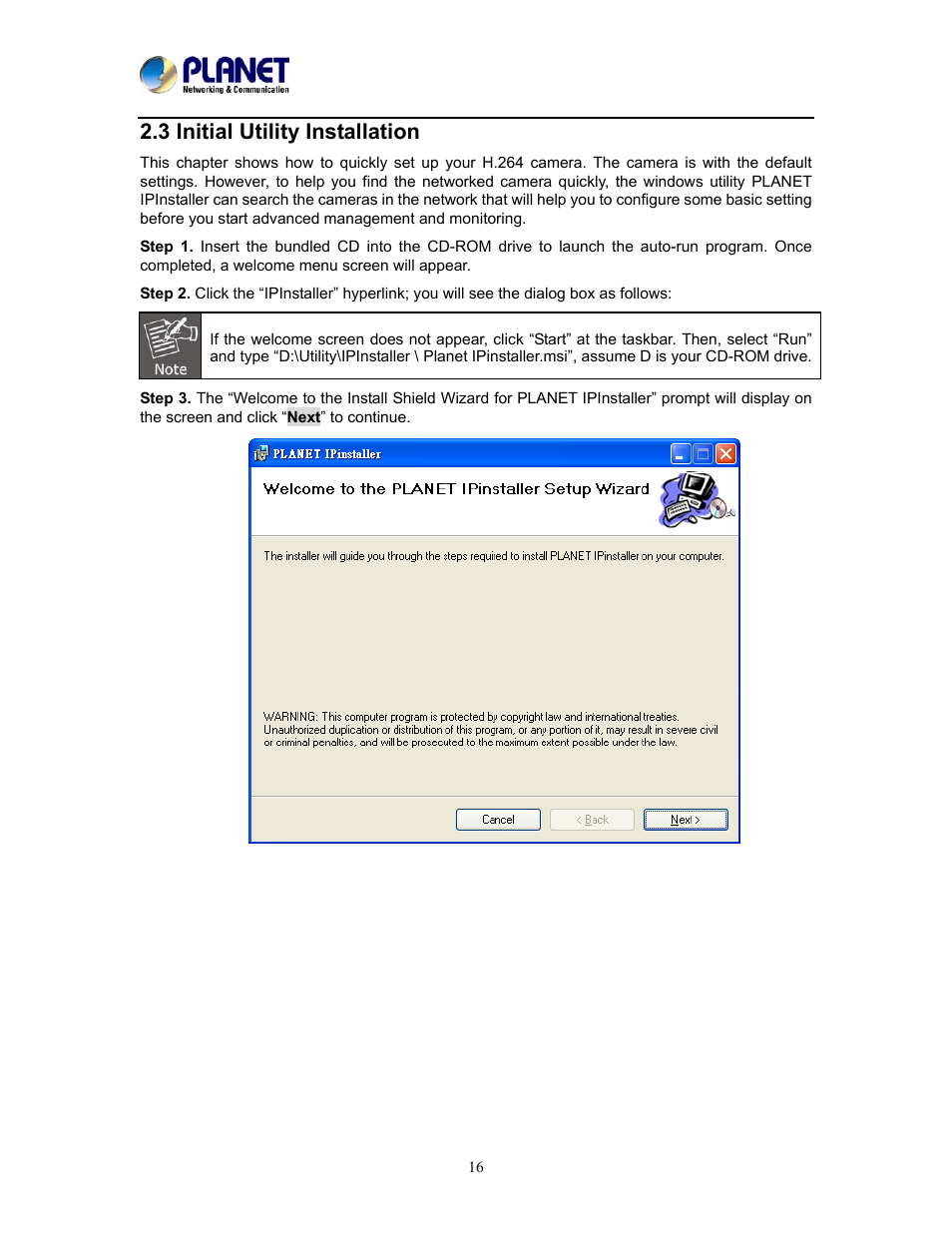 3 initial utility installation | PLANET ICA-W8500 User Manual | Page 16 / 69