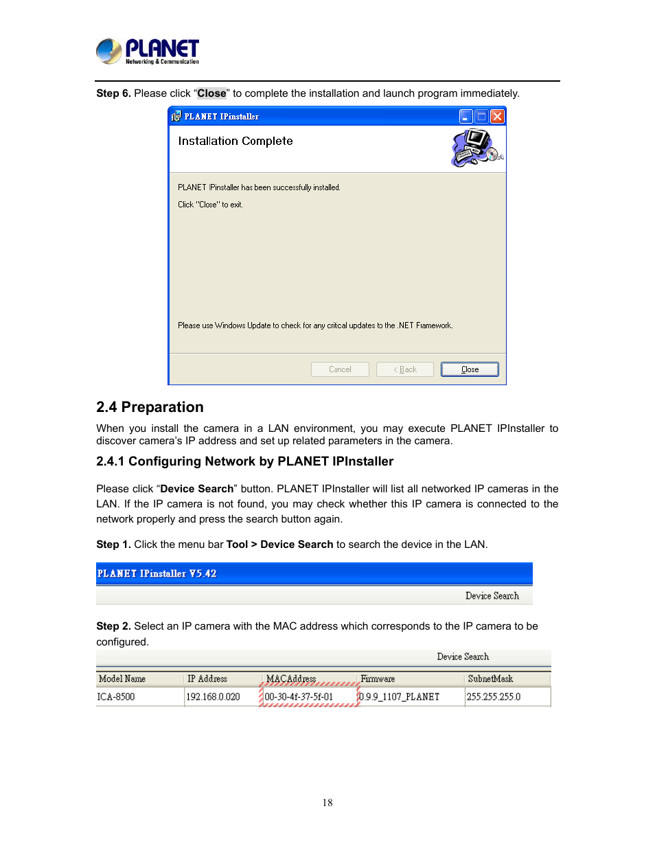 4 preparation, 1 configuring network by planet ipinstaller | PLANET ICA-W8500 User Manual | Page 18 / 69