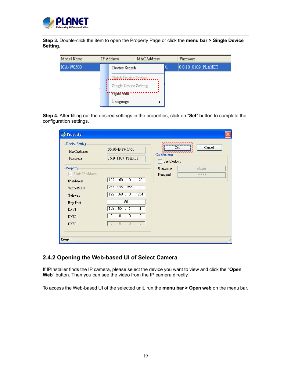 2 opening the web-based ui of select camera | PLANET ICA-W8500 User Manual | Page 19 / 69