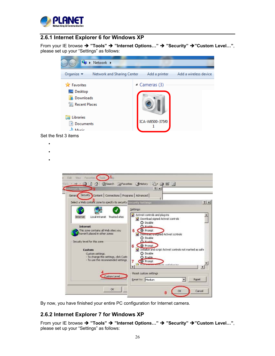 1 internet explorer 6 for windows xp, 2 internet explorer 7 for windows xp | PLANET ICA-W8500 User Manual | Page 26 / 69