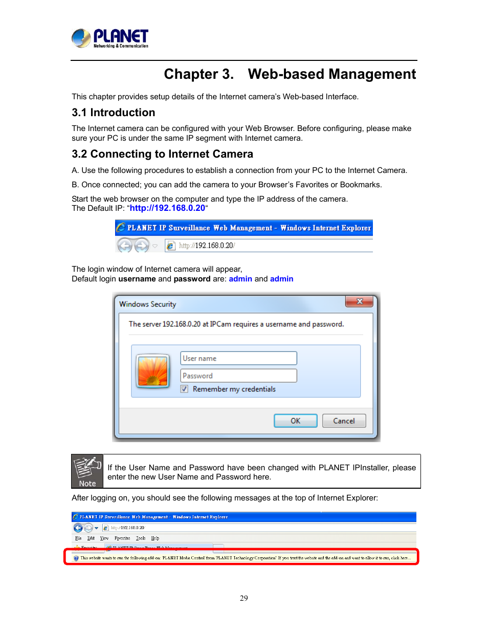 Chapter 3. web-based management, 1 introduction, 2 connecting to internet camera | 1 introduction 3.2 connecting to internet camera | PLANET ICA-W8500 User Manual | Page 29 / 69