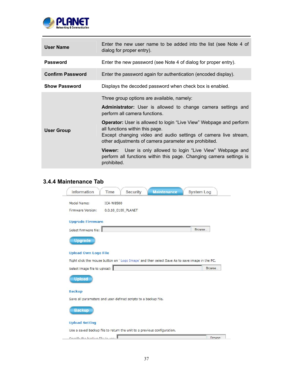 4 maintenance tab | PLANET ICA-W8500 User Manual | Page 37 / 69