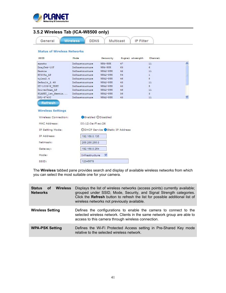 2 wireless tab (ica-w8500 only) | PLANET ICA-W8500 User Manual | Page 41 / 69