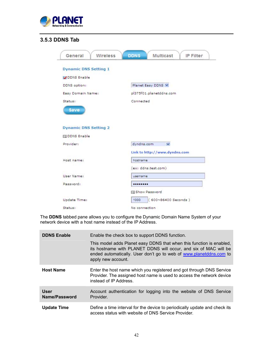 3 ddns tab | PLANET ICA-W8500 User Manual | Page 42 / 69