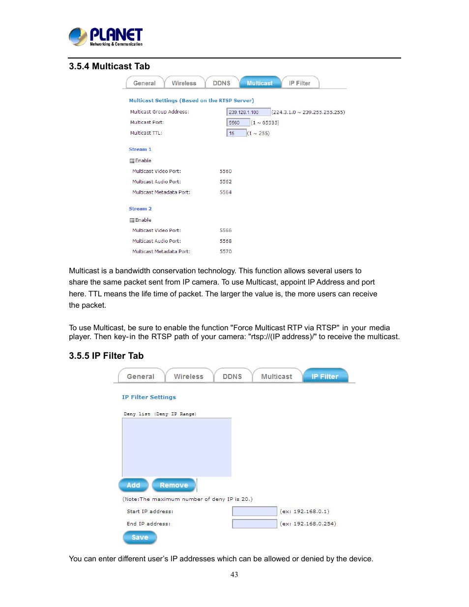 4 multicast tab, 5 ip filter tab, 4 multicast tab 3.5.5 ip filter tab | PLANET ICA-W8500 User Manual | Page 43 / 69