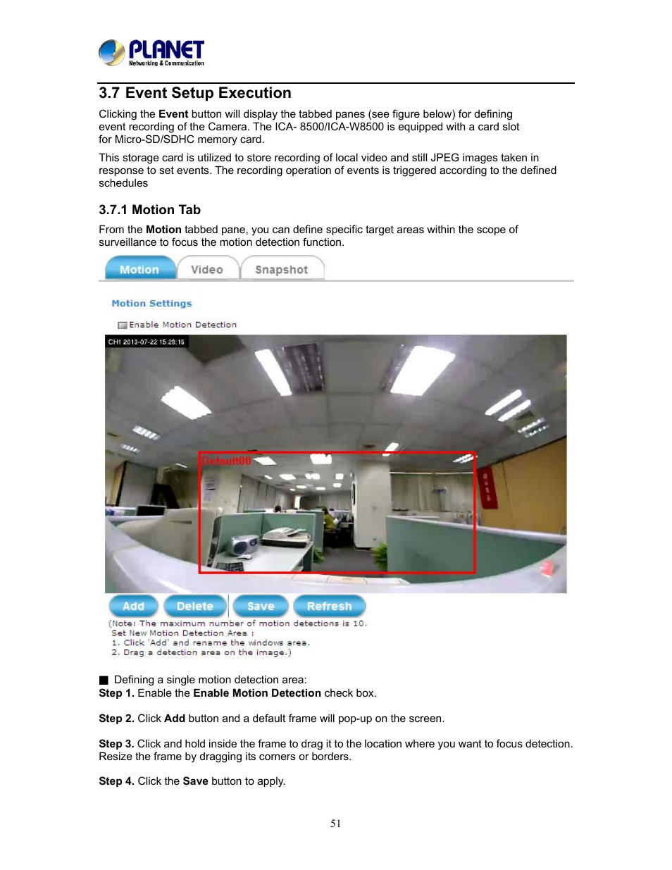 7 event setup execution, 1 motion tab | PLANET ICA-W8500 User Manual | Page 51 / 69
