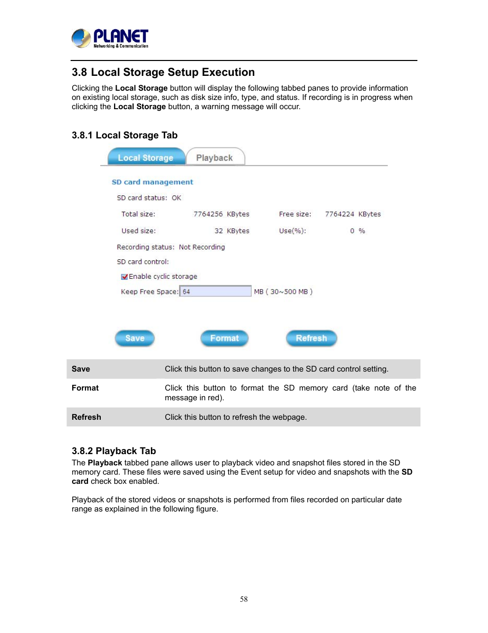 8 local storage setup execution, 1 local storage tab, 2 playback tab | 1 local storage tab 3.8.2 playback tab | PLANET ICA-W8500 User Manual | Page 58 / 69