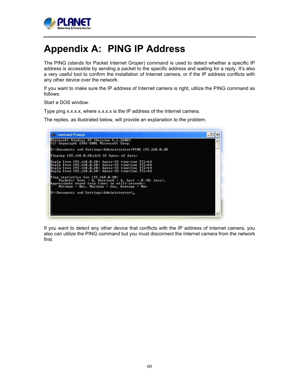 Appendix a: ping ip address, Appendix a, Ping ip address | PLANET ICA-W8500 User Manual | Page 60 / 69