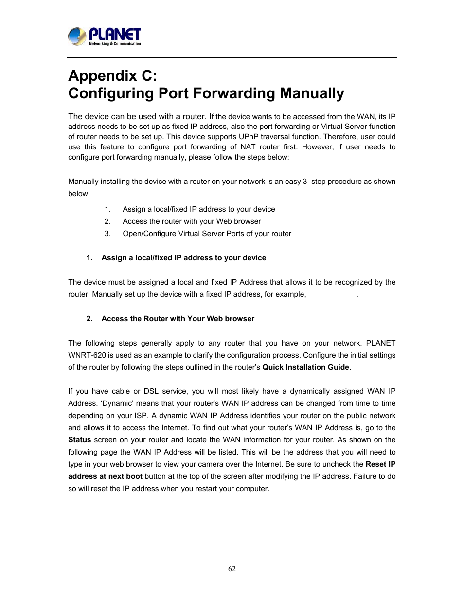 Appendix c: configuring port forwarding manually, Appendix c, Configuring port forwarding manually | PLANET ICA-W8500 User Manual | Page 62 / 69